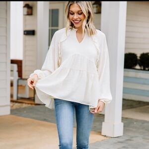 Shop the Mint Cream Ruffled Blouse Medium Long Puffy Sleeve VNeck‎ Lined NWOT